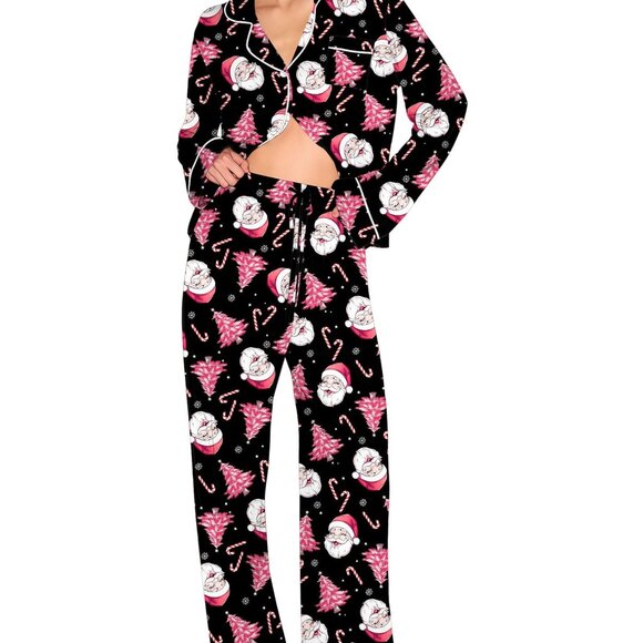 Long Sleeve Button Down Pajama Set Classic Elegant Lounge Sleepwear Comfy